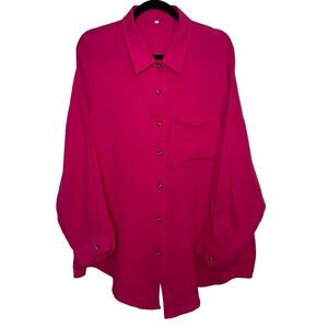 Hot Pink Oversized Button Front Blouse XXL Lightweight Gauze Shirt